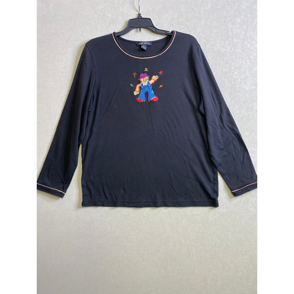 Designers Originals Womens XL Black Embroidered Scarecrow Fall Long Sleeve Top